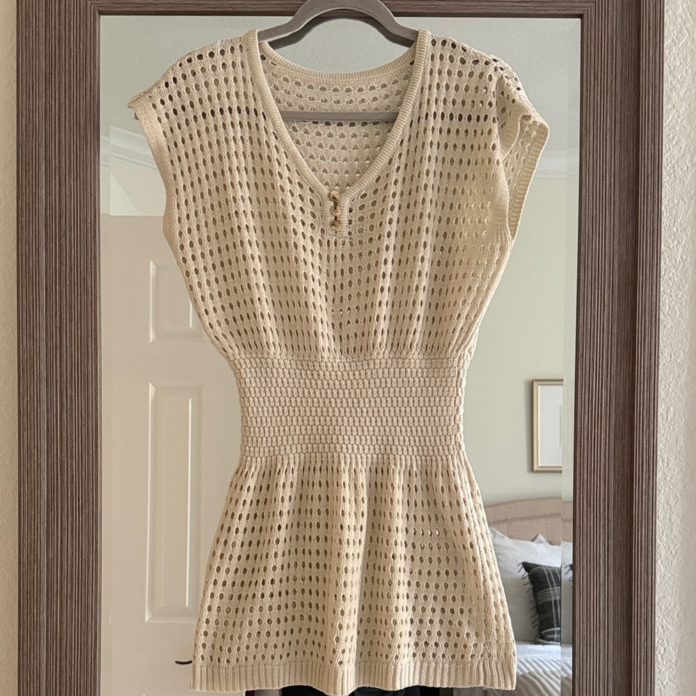 COVER UP Cream Tan CROCHET mini dress swimsuit coverup beach summer XS S